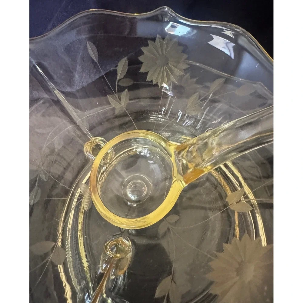 Vintage Yellow Depression Glass Etched Floral Bowl Underplate Ladle Set  MCM